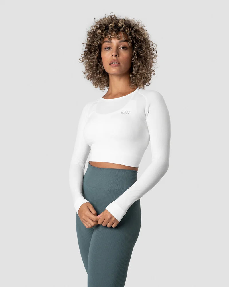 ICANIWILL DEFINE SEAMLESS LS CROP TOP WHITE